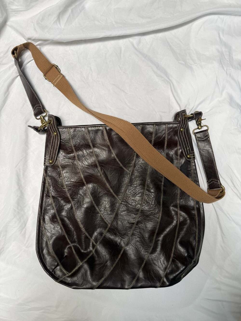 Decree Brown Faux Leather Patchwork Crossbody Bag